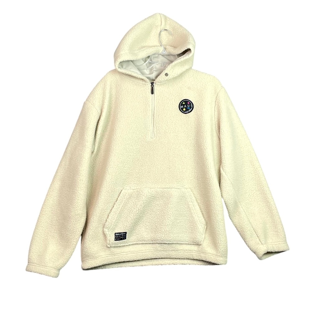 Maui and Sons Sherpa Fleece Hoodie Mens M Beige Workwear Outdoor Surf Minimalist